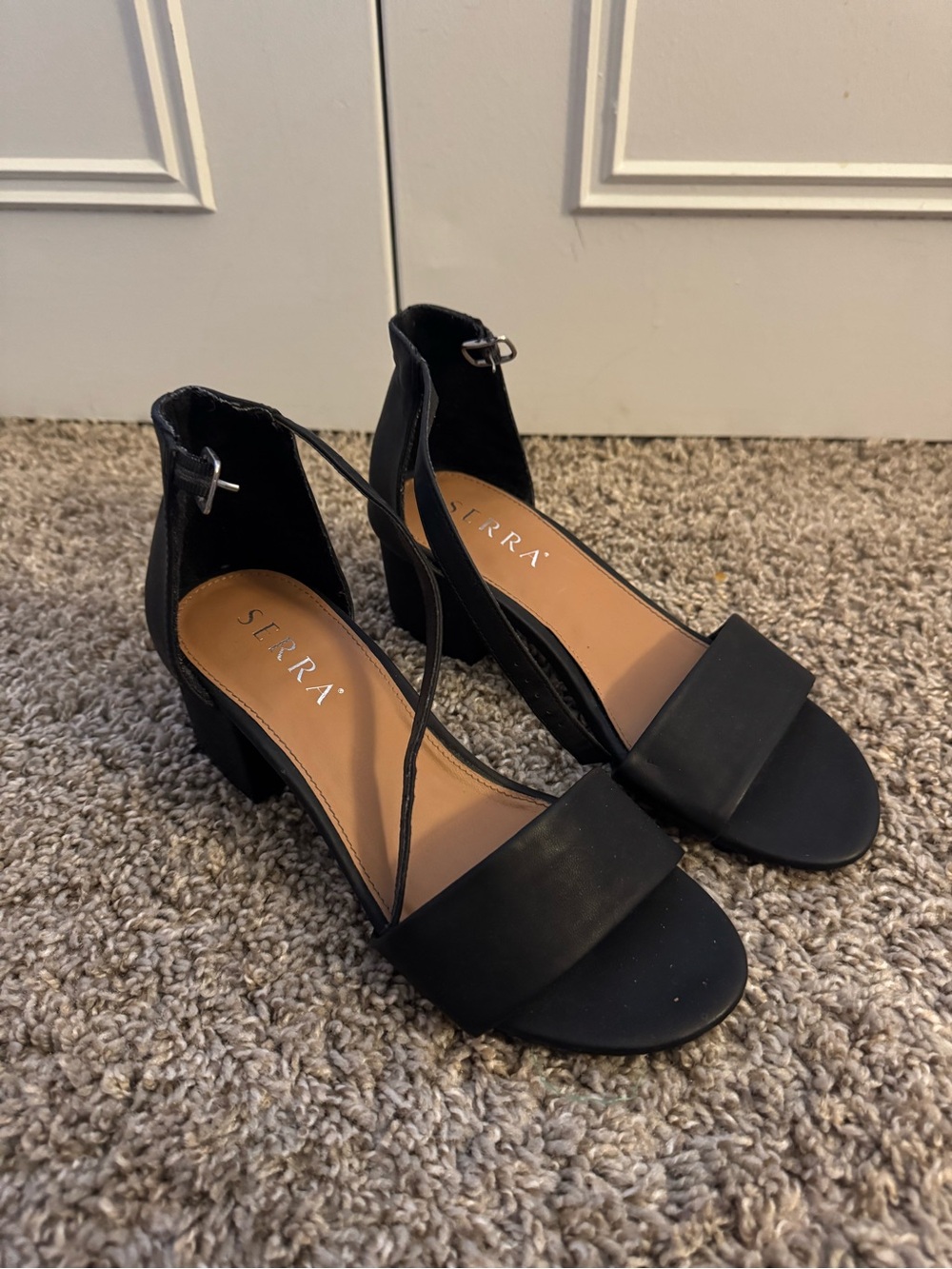 Serra Black Ankle-Strap Block Heel, Size 7